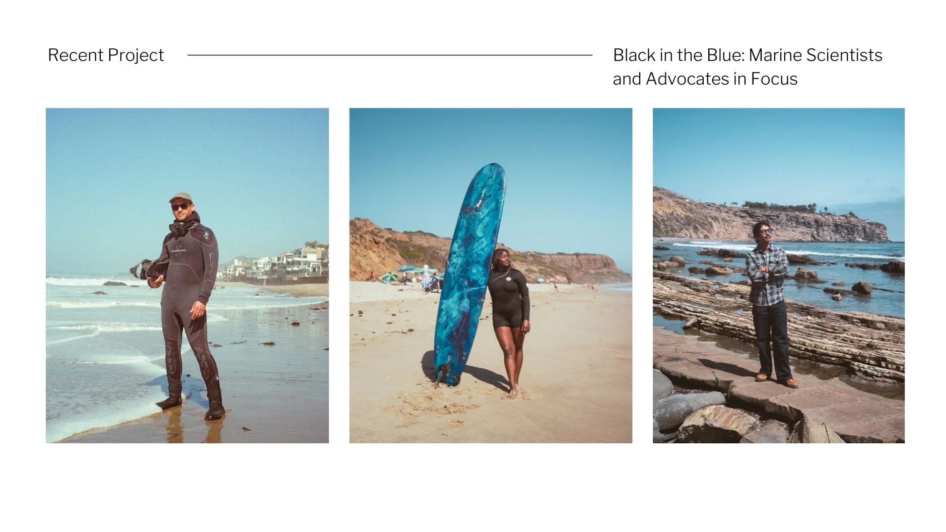 A collage of three photos of people at the beach. The first person is dressed in a wetsuit holding a camera on the shoreline. The second person is in a black wetsuit with a blue surfboard on the sand, near beach umbrellas. The third person is standin