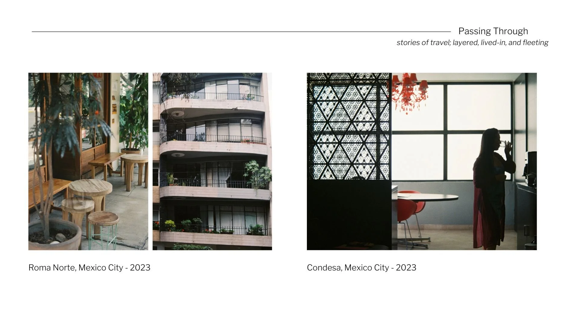 Two photographs side by side. The left photo shows an outdoor seating area with wooden furniture and potted plants in a cafe or restaurant in Roma Norte, Mexico City, 2023. The right photo shows a woman inside a modern building with large windows, a 