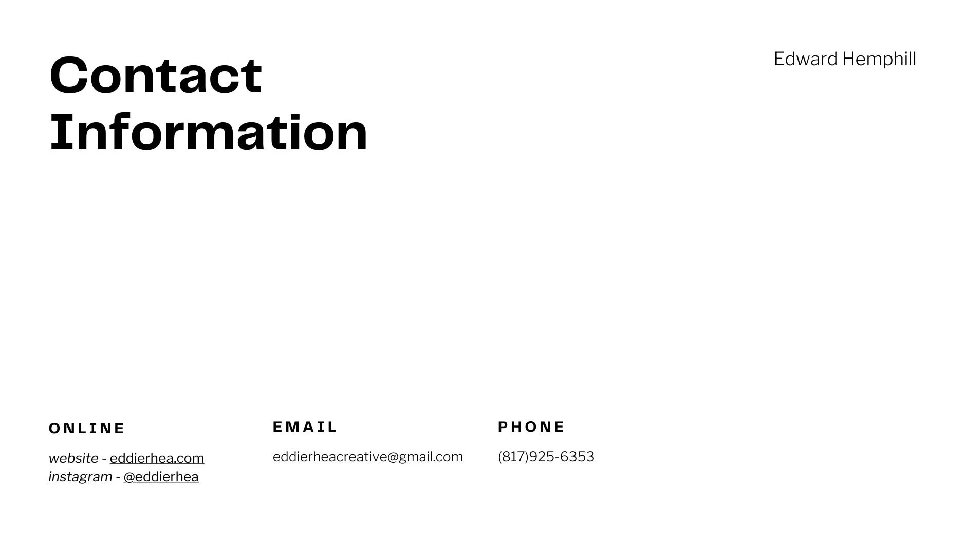 Contact information page with the title 'Contact Information' and the name Edward Hemphill. It includes sections for online website, email, and phone number, with respective details.