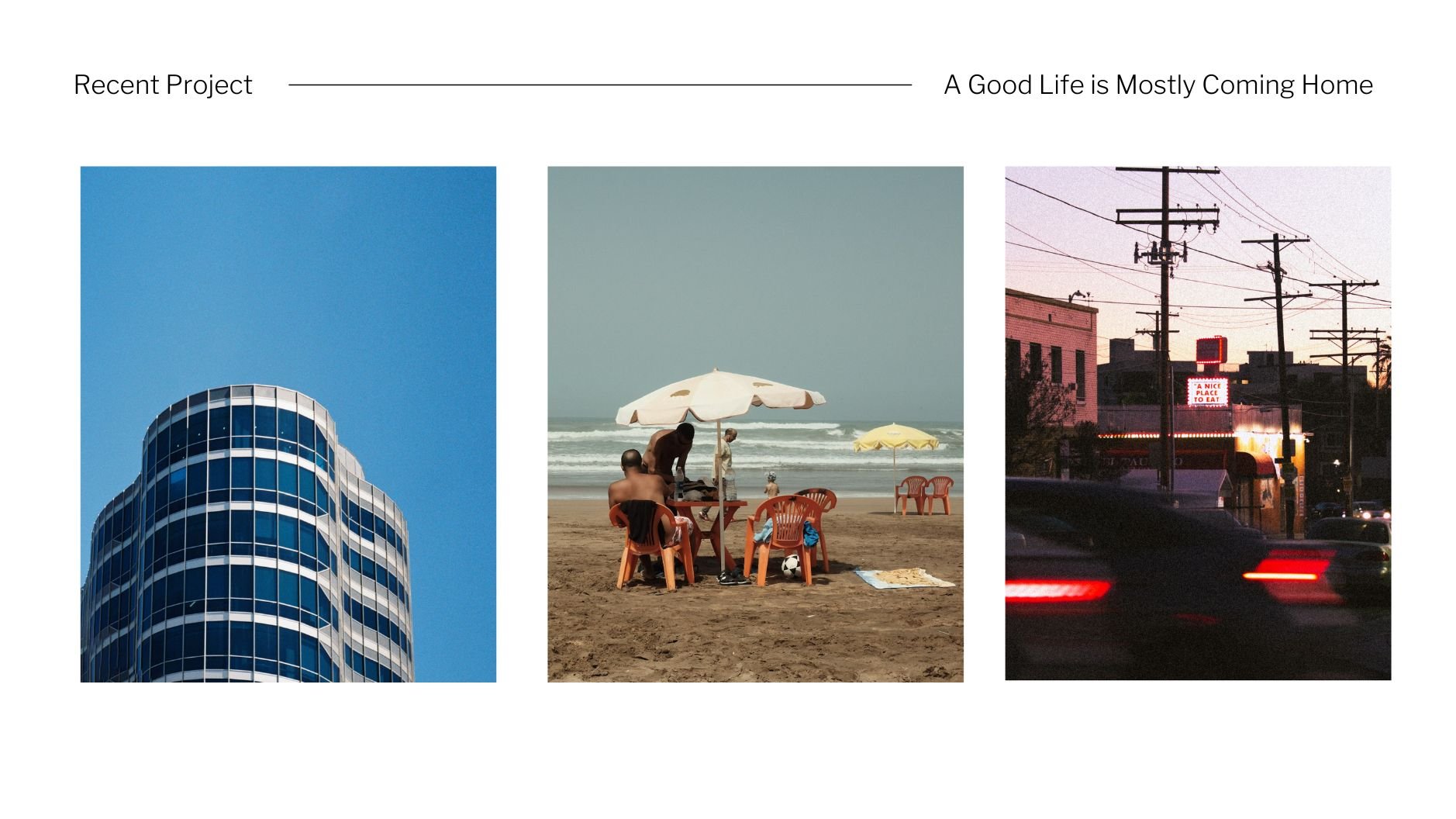 Three images arranged horizontally. The first shows a tall modern glass building against a clear blue sky. The second depicts a beach scene with people under umbrellas, some seated at a table and others on the sand, with waves in the background. The 