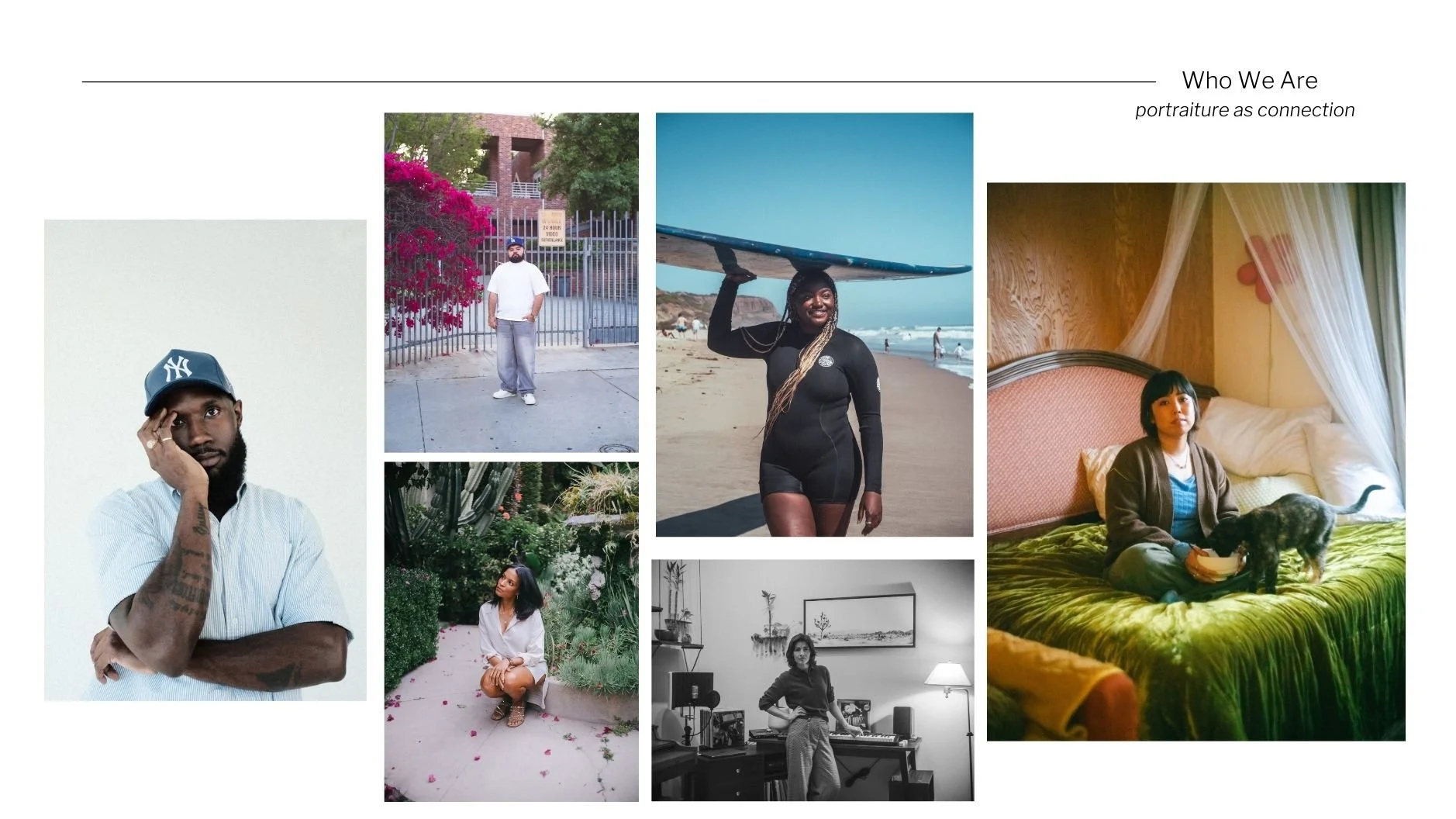A collage of eight different photos featuring diverse individuals in various settings, including outdoor and indoor scenes. The collage includes a man in a baseball cap and striped shirt, a man standing near a gate with pink flowering bushes, a woman