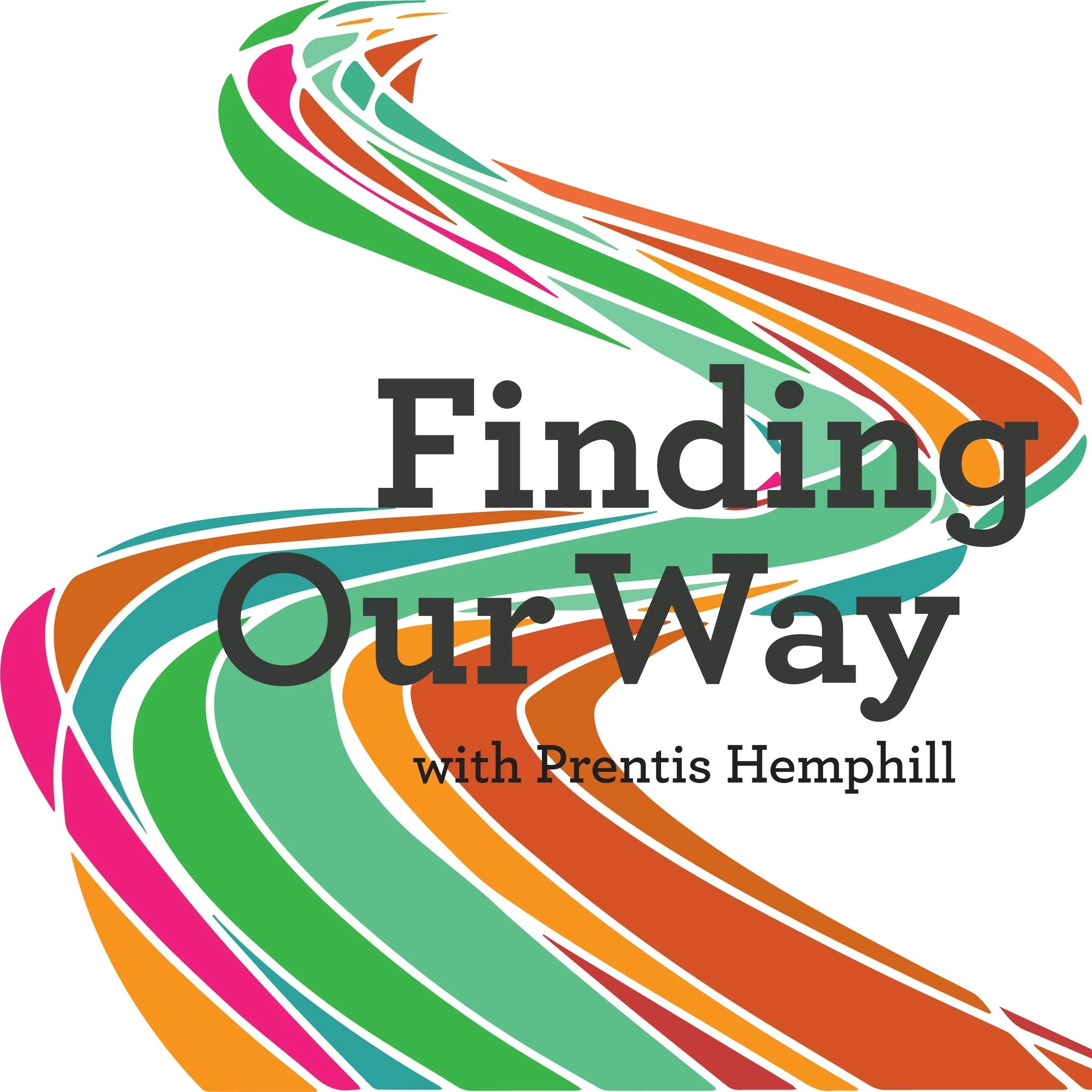 Colorful curved lines forming a dynamic background with text overlay about finding happiness with Prentis Hemphill.