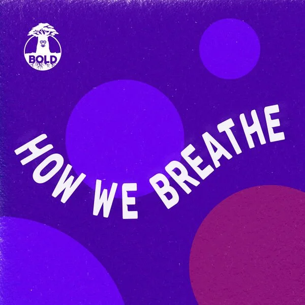 Purple background with large and small circles, text 'How We Breathe' in white, and a logo in the top left corner.