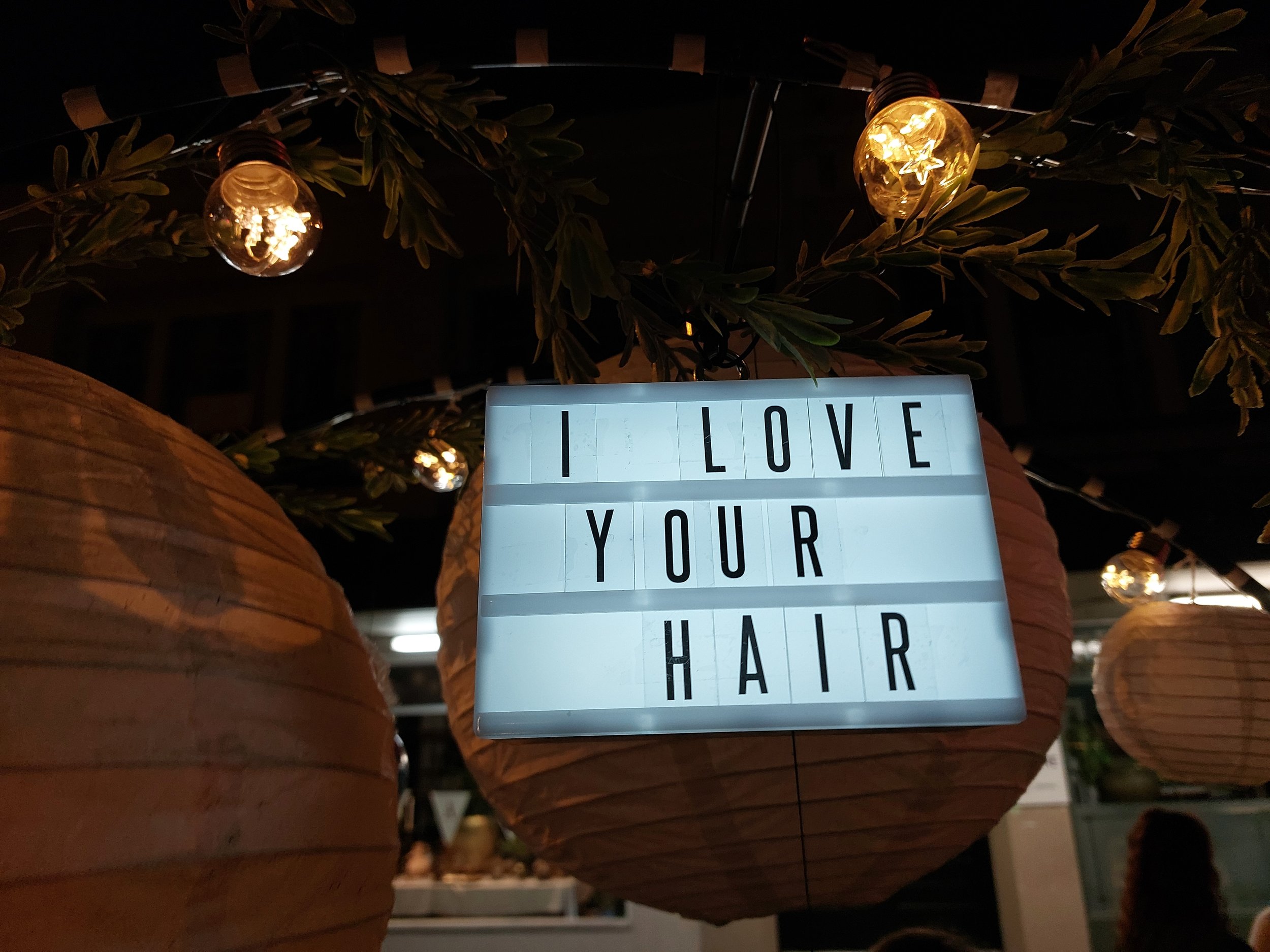 String of decorative light bulbs hanging on a green branch with a sign in front that has the partially visible words, "I LOVE YOUR HAIR." The scene appears to be nighttime or in a dimly lit environment.