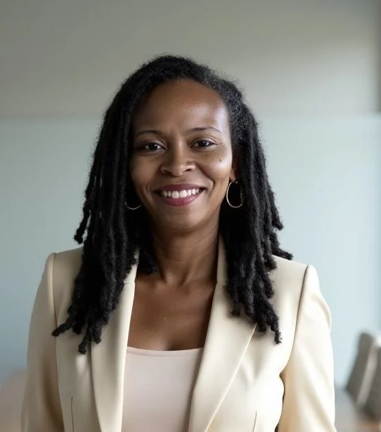 A smiling woman with dark, shoulder-length dreadlocks and hoop earrings, dressed in a beige blazer, standing indoors against a neutral background.
