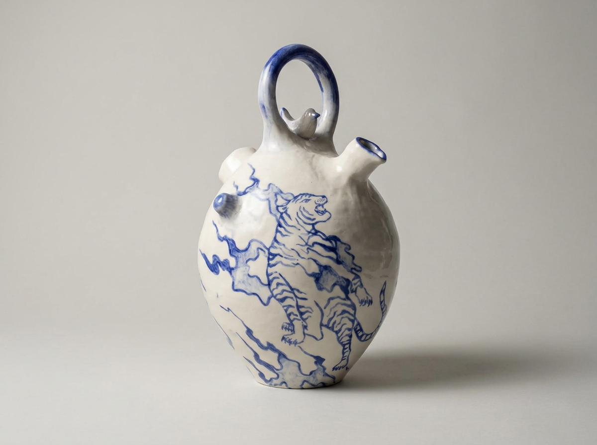 Hand built contemporary ceramic vase with blue underglaze painted tigers