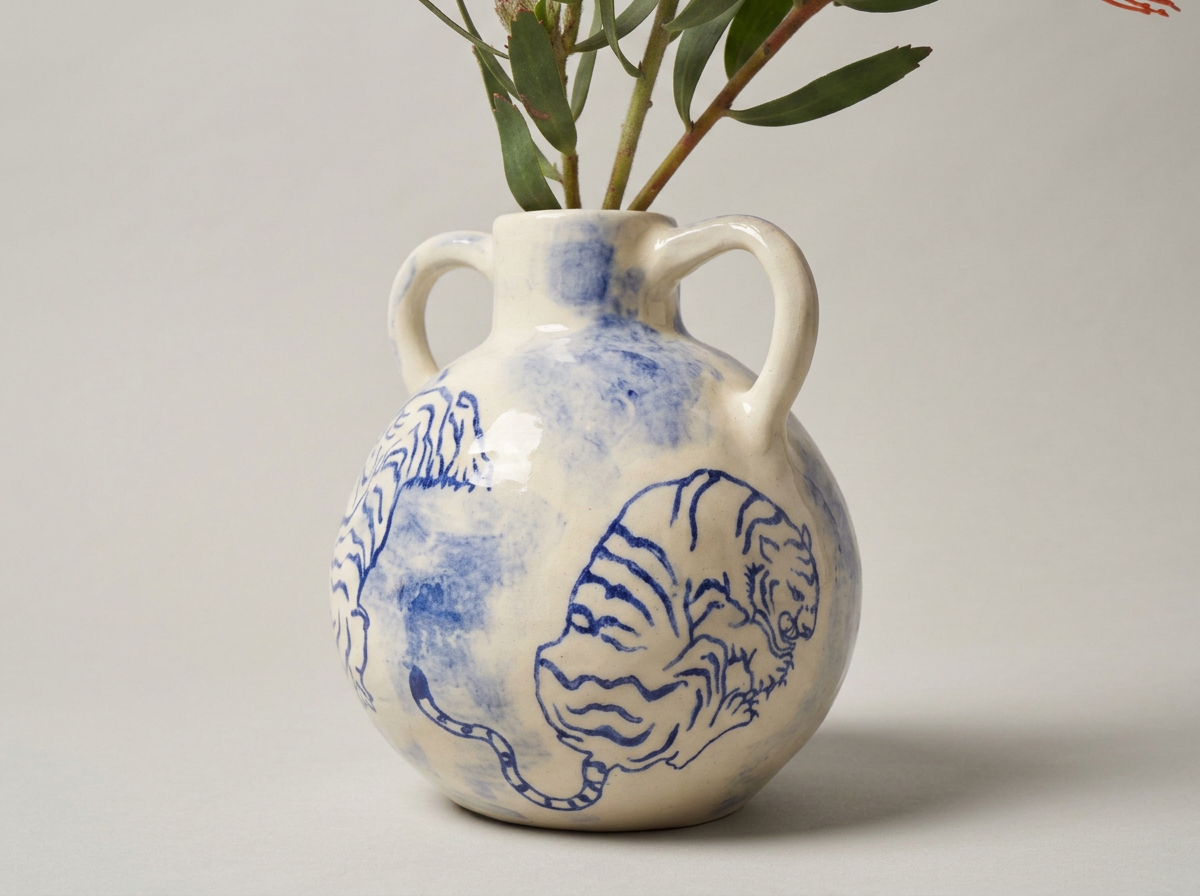 Hand built contemporary ceramic vase with blue underglaze painted tigers