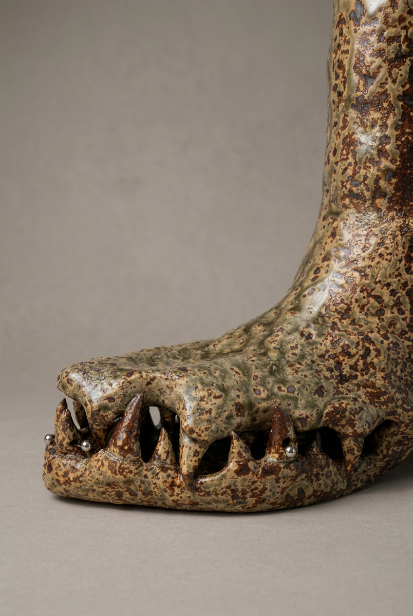 Close up of hand built ceramic cowboy boot with crocodile teeth, made in Melbourne by emerging ceramic artisit Anna Fox