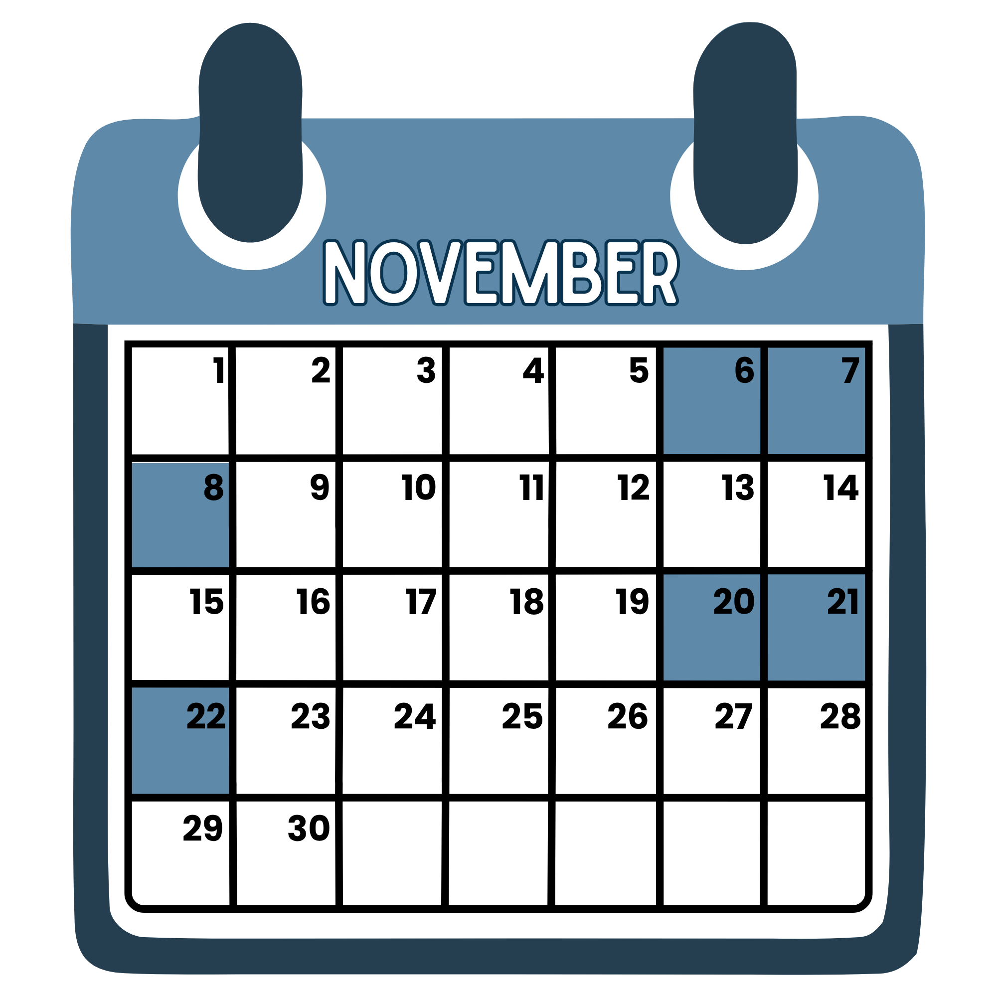A graphic of a November 2026 calendar, highlighting the shopping dates: November 6th to 8th and November 20th to 22nd
