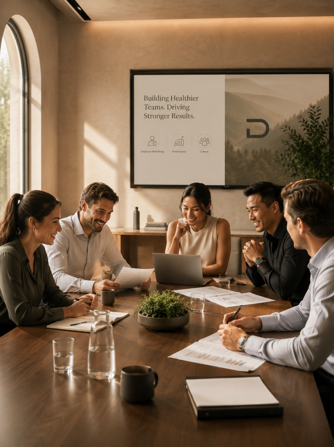 Five diverse professionals sitting around a conference table, smiling during a meeting, with a presentation screen displaying 'Building Healthier Teams. Driving Stronger Results.' and icons for Employee Well-Being, Performance, and Culture in the background.