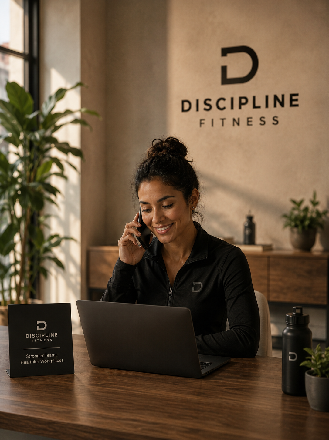 A woman in a black athletic jacket sits at a wooden desk, talking on a cell phone, with a laptop and water bottle. Behind her is a wall with the Discipline Fitness logo and a sign on the desk promotes stronger teams and healthier workplaces.