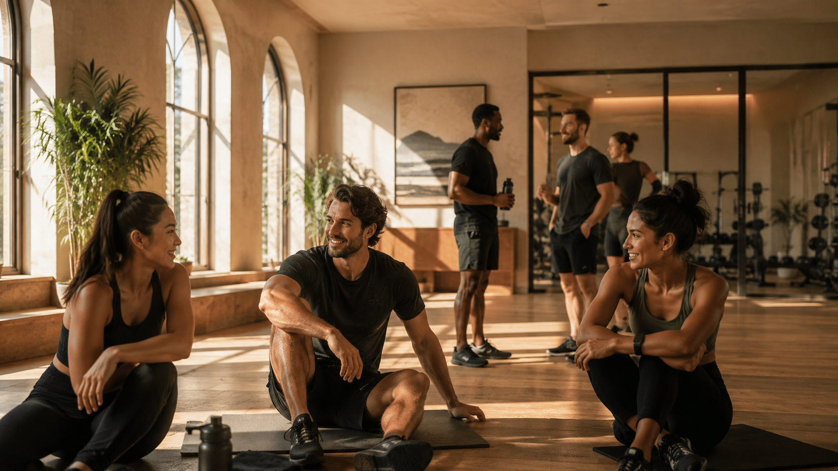 People in workout attire sitting and smiling on yoga mats inside a gym with large windows and sunlight.