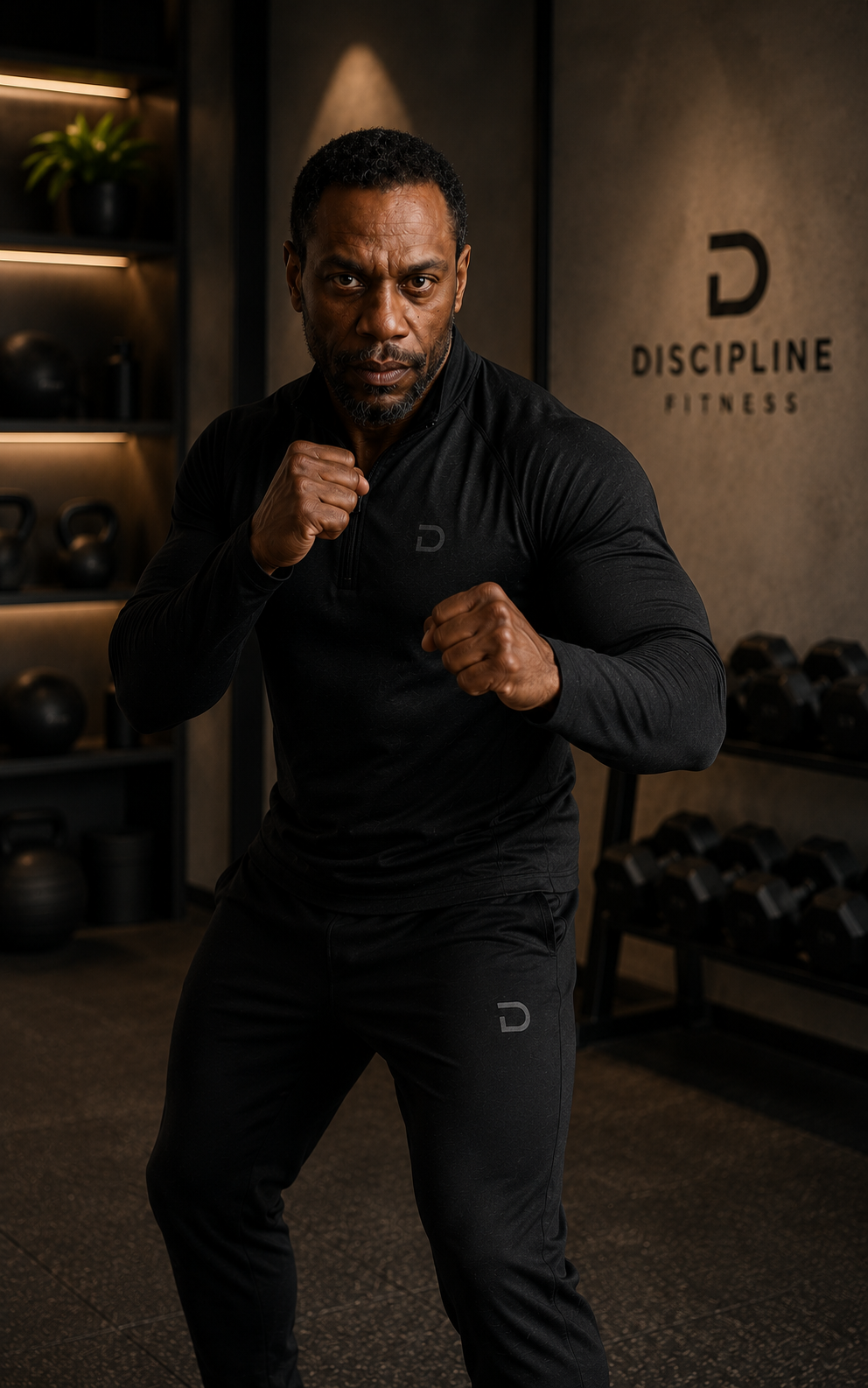A man dressed in black workout clothes, making a boxing stance with fists raised inside a gym with a sign reading 'Discipline Fitness' on the wall.