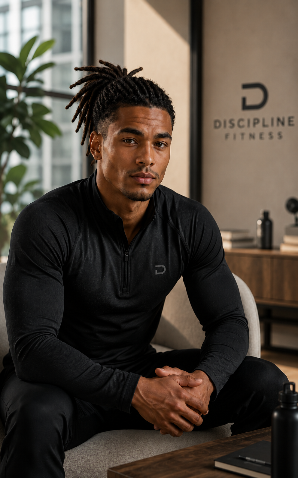 Maxwell Dalrymple; A fit man with dreadlocks sits on a chair in a modern office space, wearing black athletic clothing, with a serious expression.