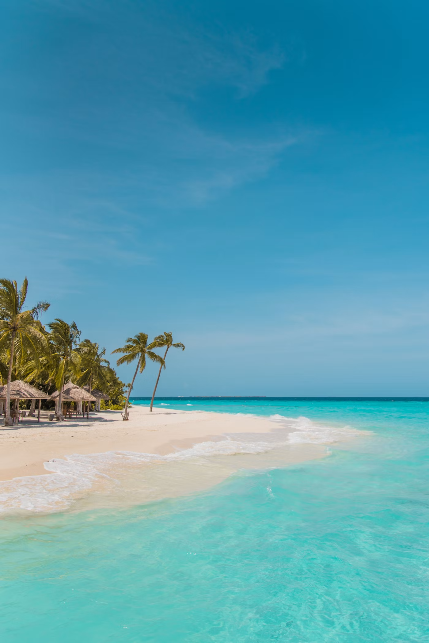 Playa tropical con palmeras, sombrillas y cabañas, agua cristalina y cielo despejado.