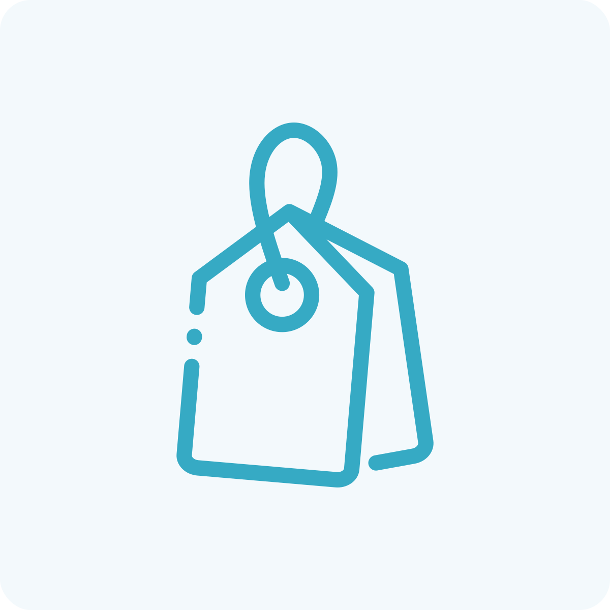 Icono de una etiqueta de precio o etiqueta de ropa en color azul claro.