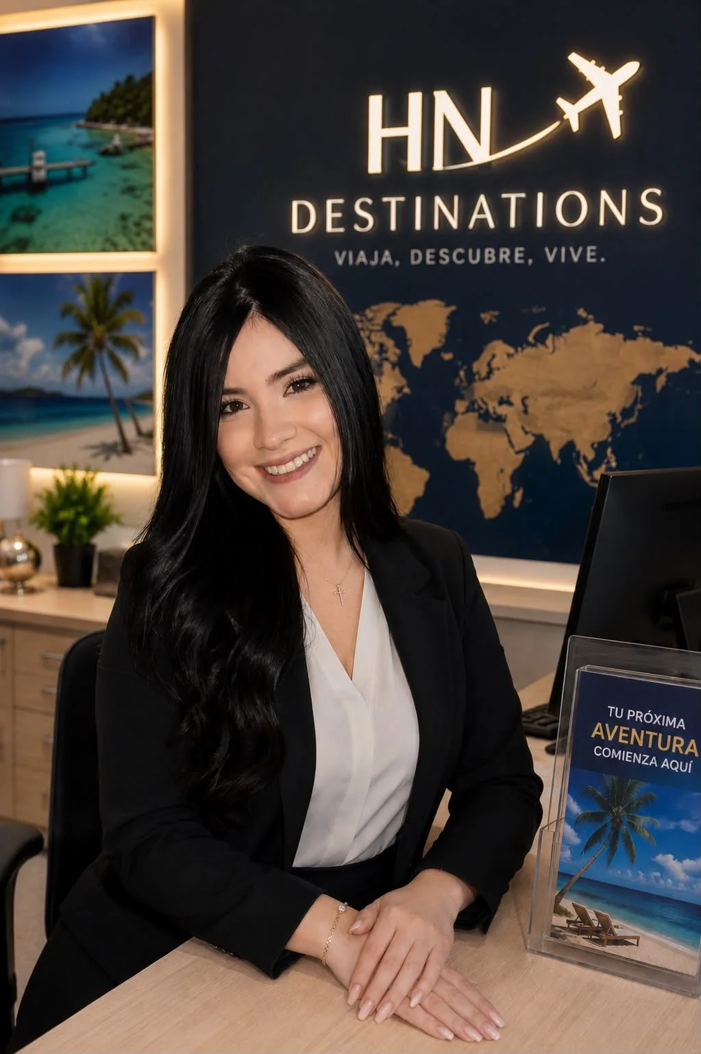 Mujer sonriendo en una agencia de viajes, con un cartel de destinos turísticos en el fondo.