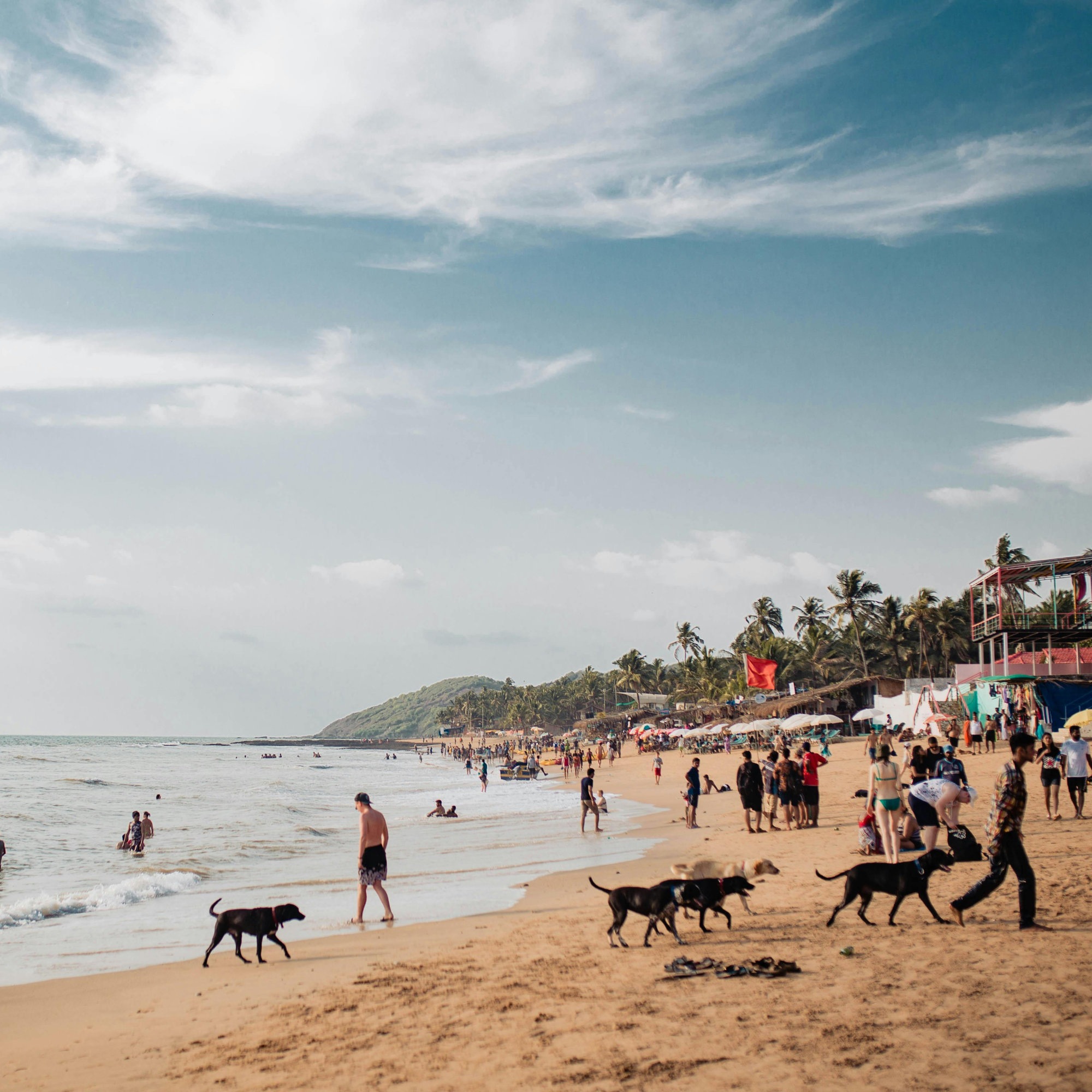Playa con muchas personas, palmeras y estructuras, cielo despejado con algunas nubes.