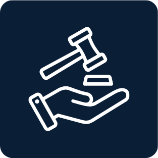 Outline illustration of a hand holding a gavel, with a small block or piece falling from it, set against a dark background.