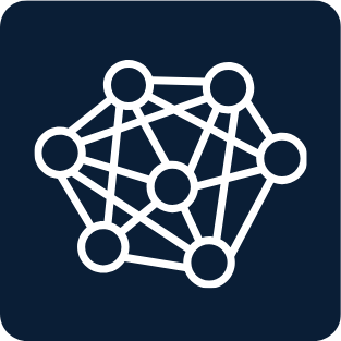 A network graph with interconnected nodes on a dark background.