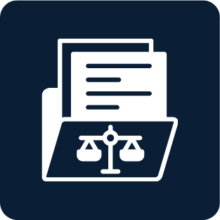 Clipboard with stacked papers and a legal scales icon on a dark background.