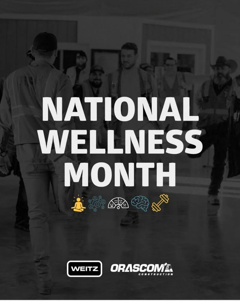 Poster promoting National Wellness Month features a grayscale background of people in a fitness or wellness setting, with bold text and icons representing meditation, social connection, health, brain, and fitness, along with logos of WEITZ and ORASCOM Construction.