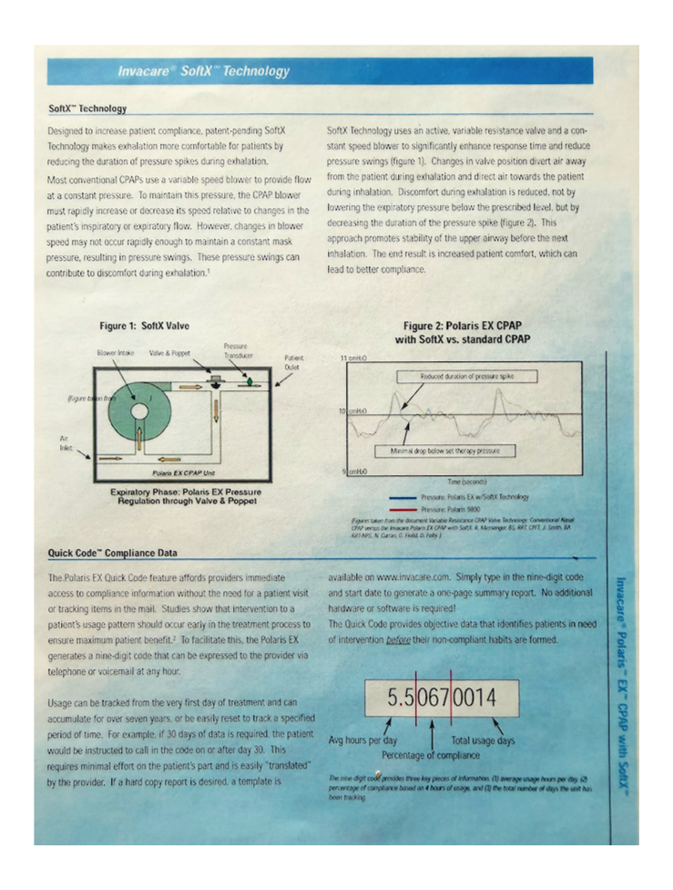 A medical informational sheet about Invacare SoftX Technology and Polaris EX CPAP, including diagrams of the softX valve and pressure graph, and data on patient compliance.