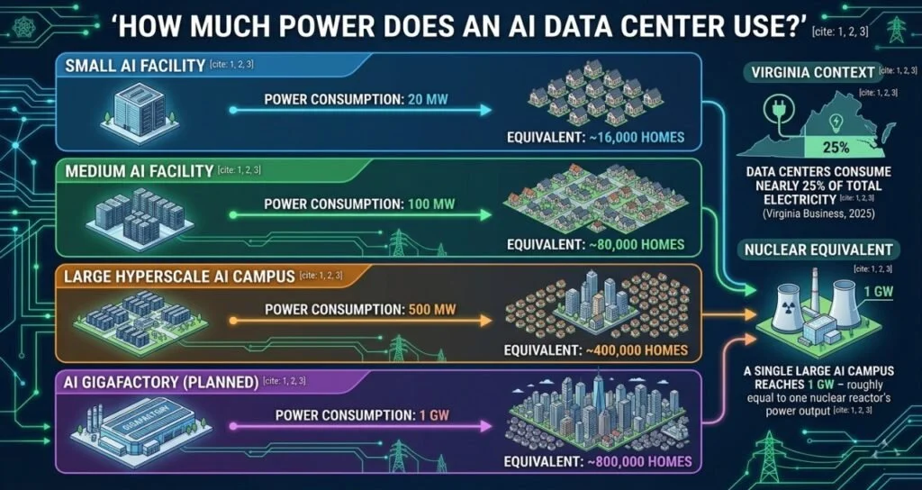 Infographic illustrating the power consumption of various AI data center facilities, comparing small, medium, large hyperscale, and planned gigafactory, with equivalents in homes and nuclear power.