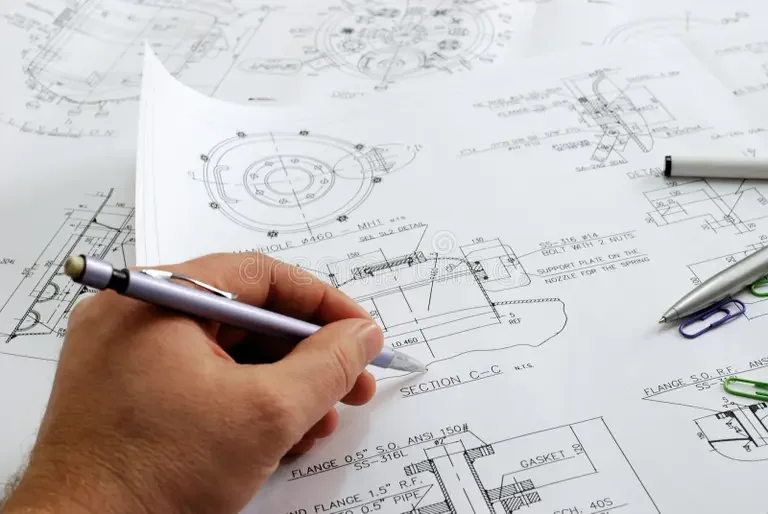 A person's hand holding a pen over detailed technical engineering blueprints with additional pens and paper clips on the table.