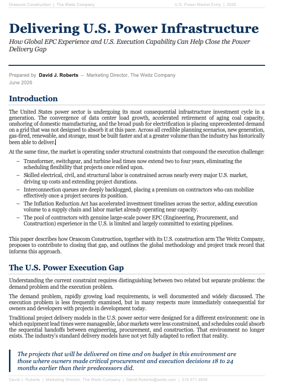 Cover page of a report titled "Delivering U.S. Power Infrastructure" by The Weitz Company, June 2026, prepared by David J. Roberts, Marketing Director. The page includes sections on the introduction, challenges in the U.S. power market, and the importance of project delivery time and budget.