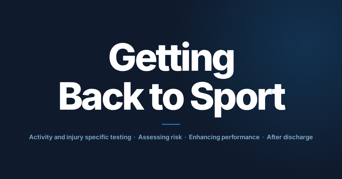 Getting back to sport: activity and injury specific testing, assessing risk, enhancing performance, after discharge.