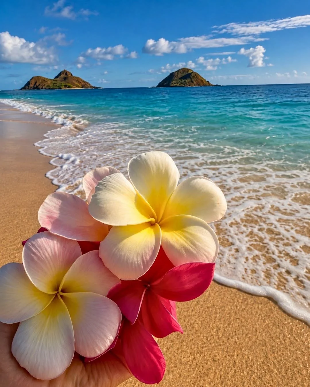 Pink and white plumeria flowers held above a tropical beach with turquoise water and small islands in the distance.
