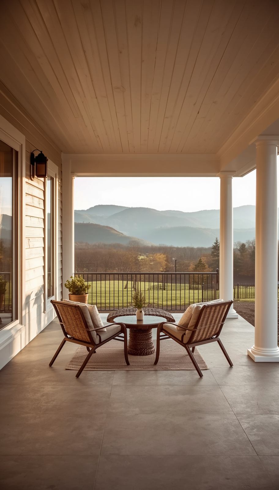 Covered porch with two chairs and a small table facing a scenic mountain view at sunset.