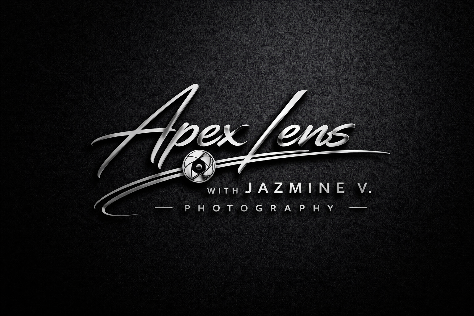 Black textured background with silver and white text that reads 'Apex Lens with Jazmine V. Photography', featuring a camera lens icon within the text.