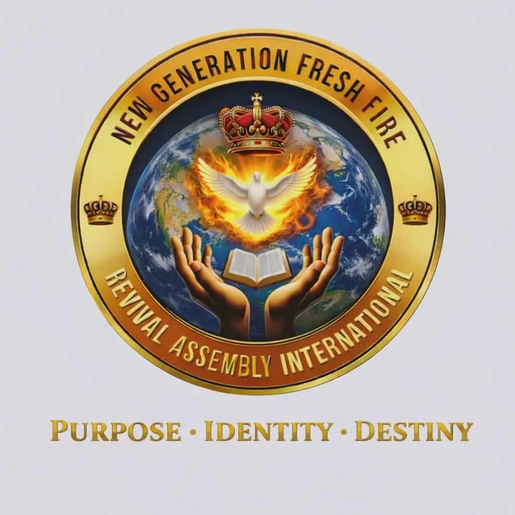A circular emblem with a globe at the center shows hands holding an open book, with a dove flying above surrounded by flames and a crown. The outer ring has the text "New Generation Fresh Fire" and "Revival Assembly International". Below, there are words "Purpose, Identity, Destiny".