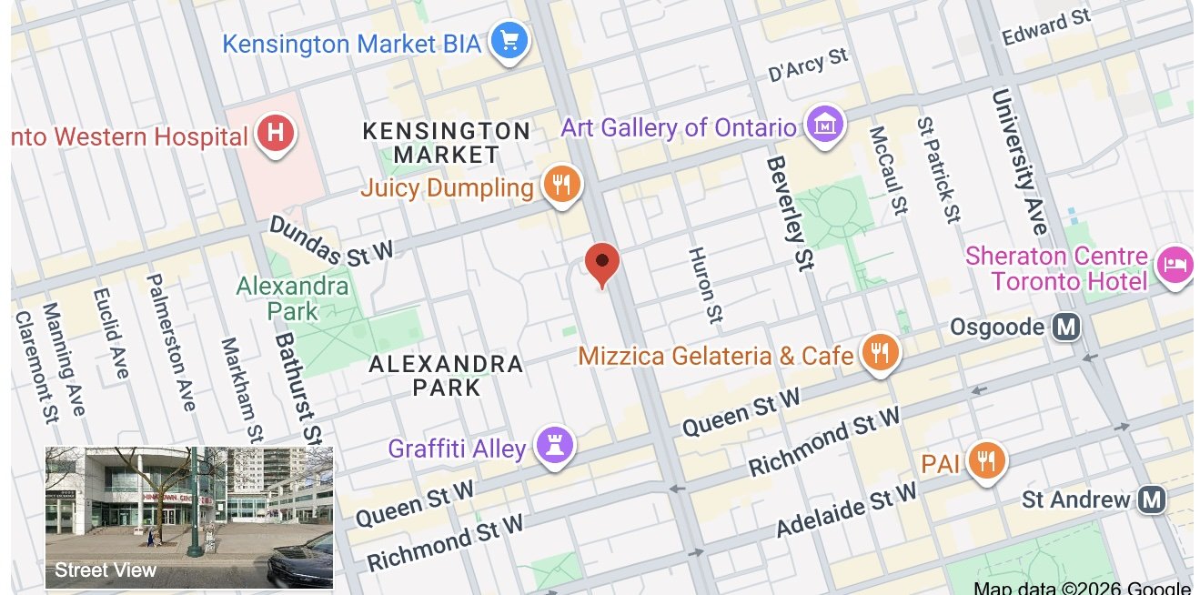 Map showing the area around Alexandra Park in Toronto, with locations like Kensington Market, Art Gallery of Ontario, and Sheraton Centre Toronto Hotel, as well as streets and nearby landmarks.