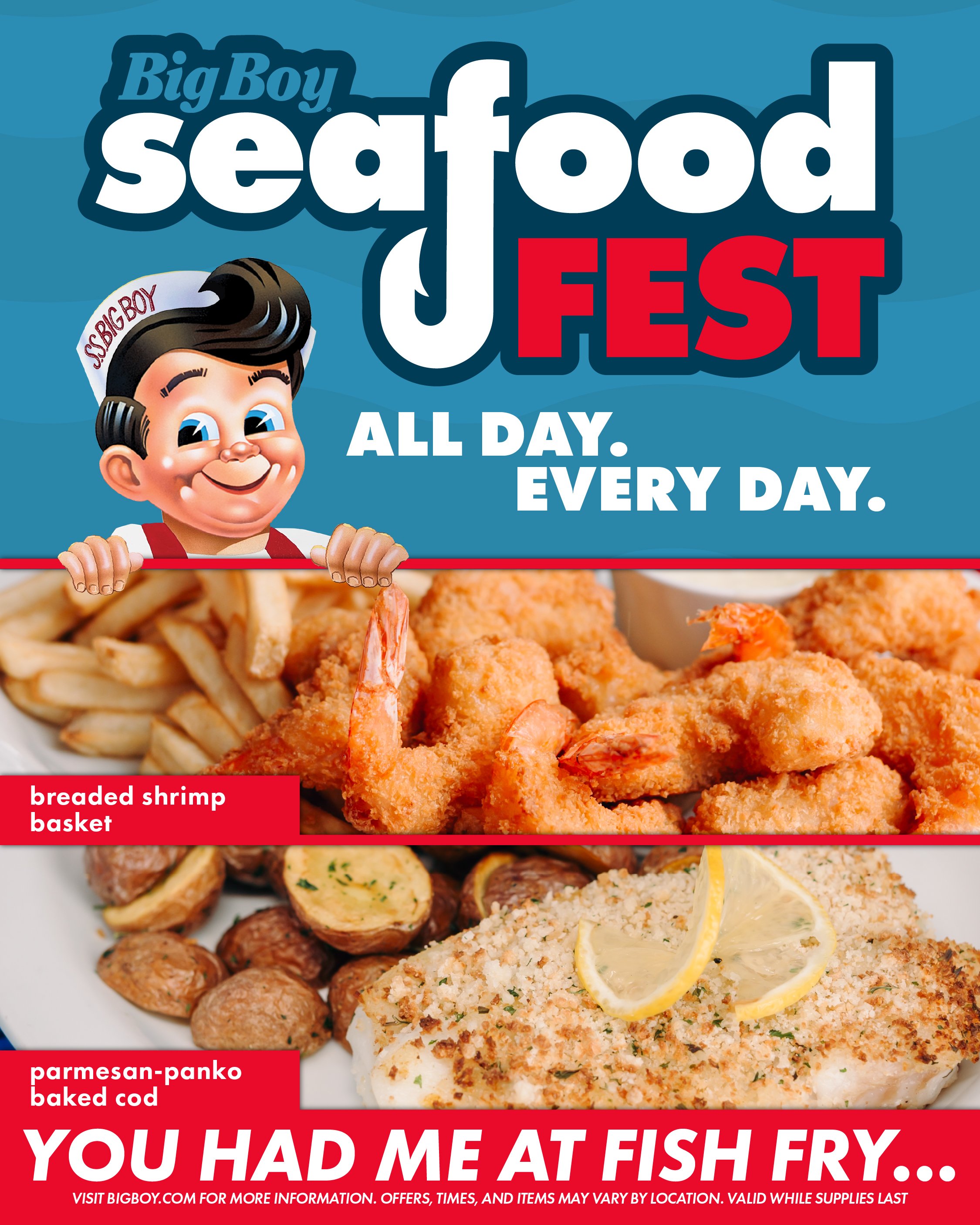 Advertisement for Big Boy Seafood Fest featuring a cartoon boy with black hair, wearing a white cap with red text, smiling and holding a red line. The image showcases various seafood dishes including fried shrimp, baked cod with lemon slices, and breaded shrimp basket, with text overlaying the image that reads 'all day. every day.' and red labels for each seafood item.