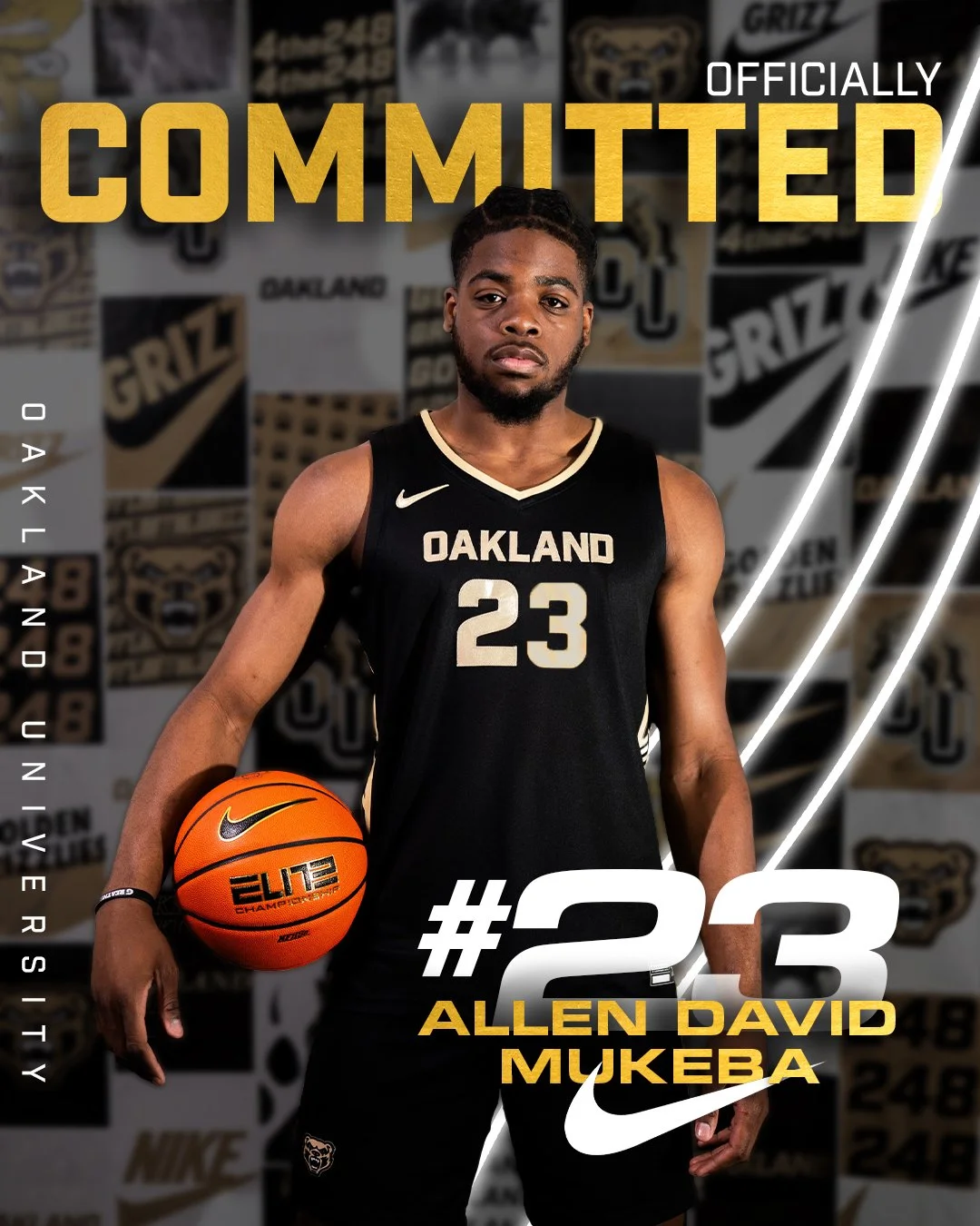 A male basketball player in a black Oakland jersey with the number 23, holding an orange Nike basketball, standing against a background with Oakland and Nike logos. Text overlay reads 'Officially Committed' and '#23 Allen David Mukeba'.