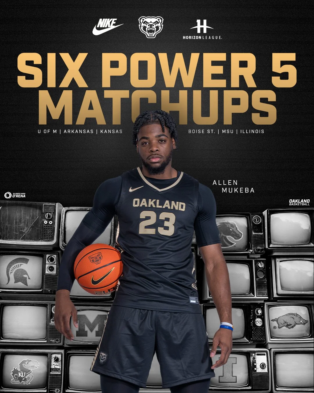 Promotional poster for the Six Power 5 Matchups basketball game featuring Allen Mukeba, wearing an Oakland jersey, holding a basketball, with a background of vintage TVs showing college sports logos.