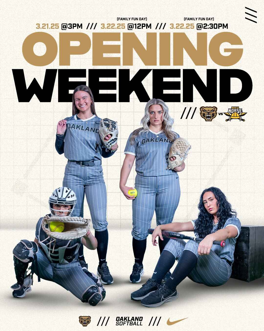 Promotional poster for Oakland Softball opening weekend, featuring four women in softball uniforms with equipment, dates and times of games, and team logos.