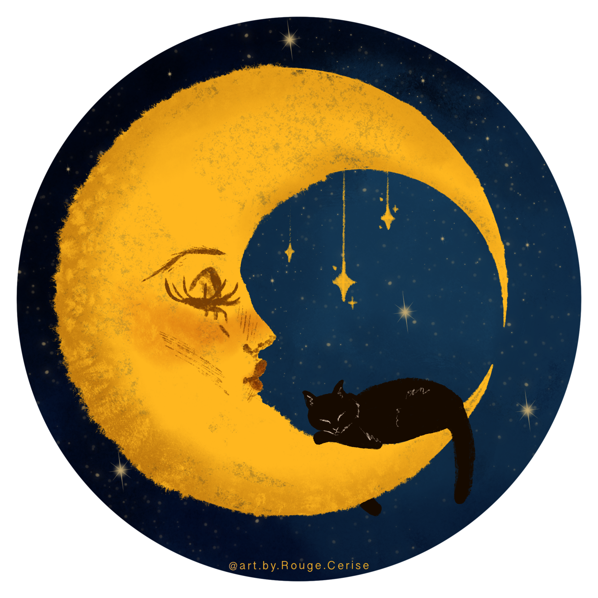 Lune fantaisiste qui dors paisiblement avec son chat.