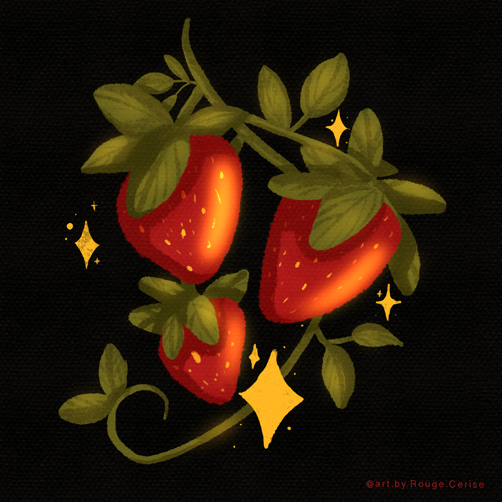 Illustration de fraises rouges avec feuilles vertes et étincelles dorées sur un fond noir.