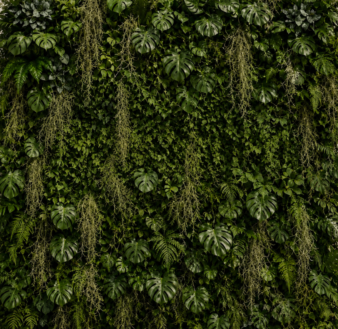 Dense wall of various green tropical leaves and vines, including monstera leaves, ferns, and creeping ivy.