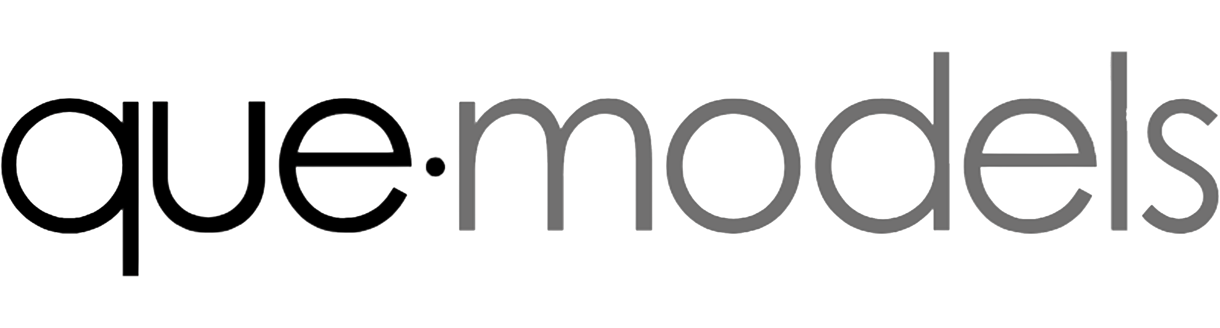 The logo for que models in black and gray text