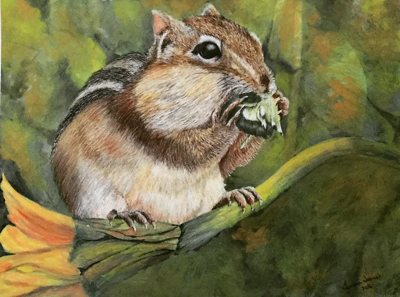 Painting of a small squirrel sitting on a branch, eating a green leafy plant, with a background of green leaves.