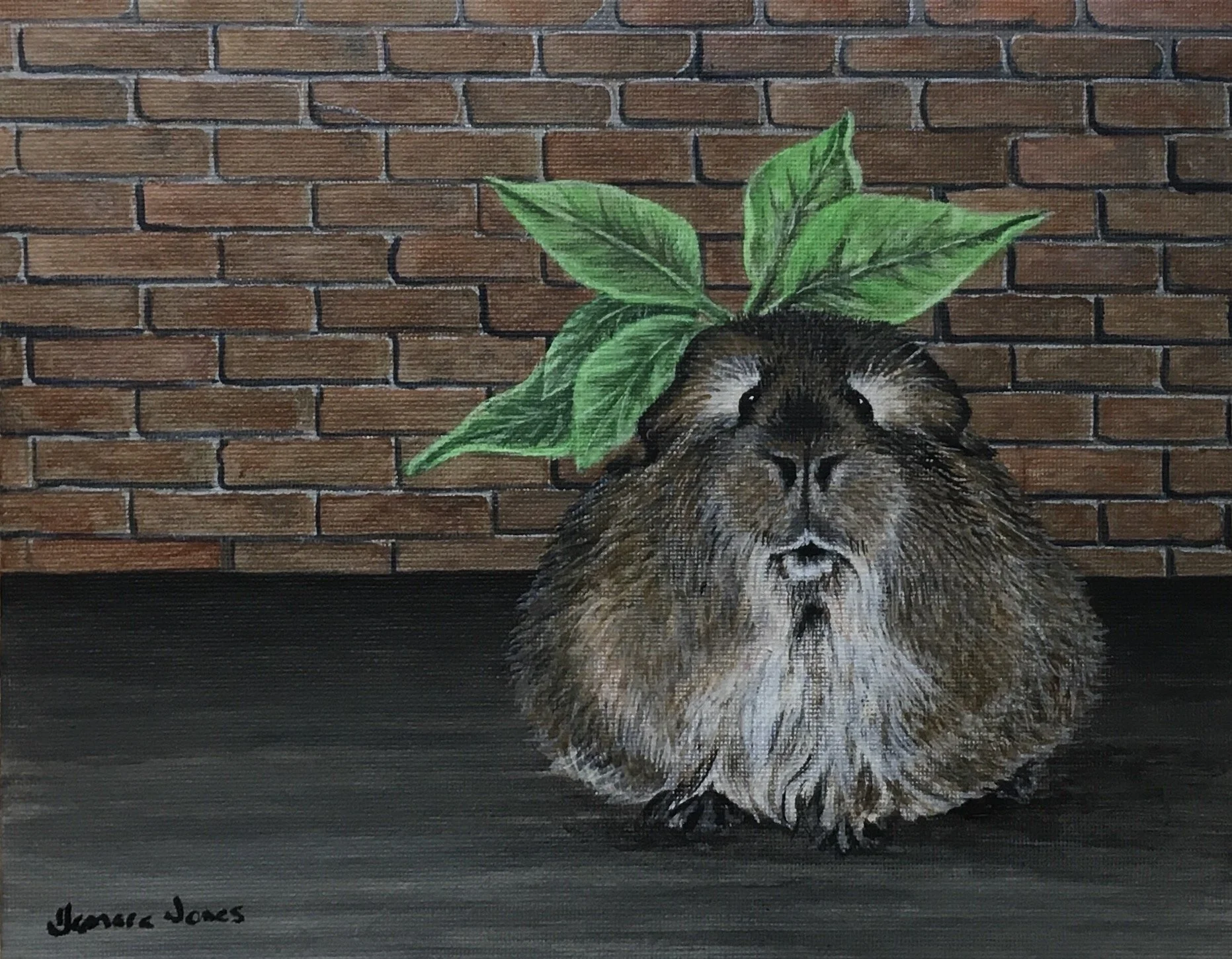 Painting of a dog with green leaves on its head, set against a brick wall background, signed 'Sheree Jones' in the bottom left corner.