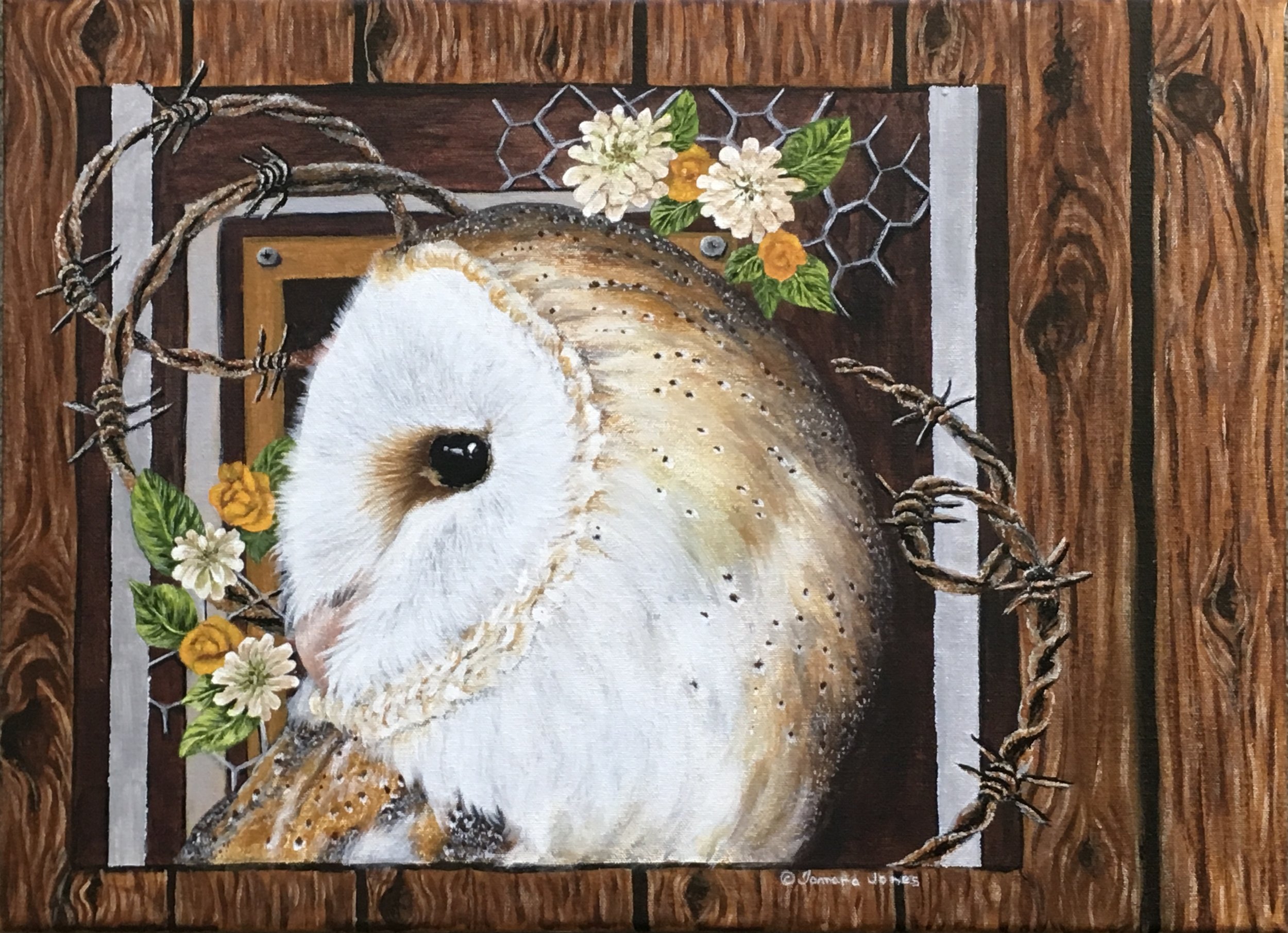 Painting of an owl with pine branches and flowers on a wooden background.