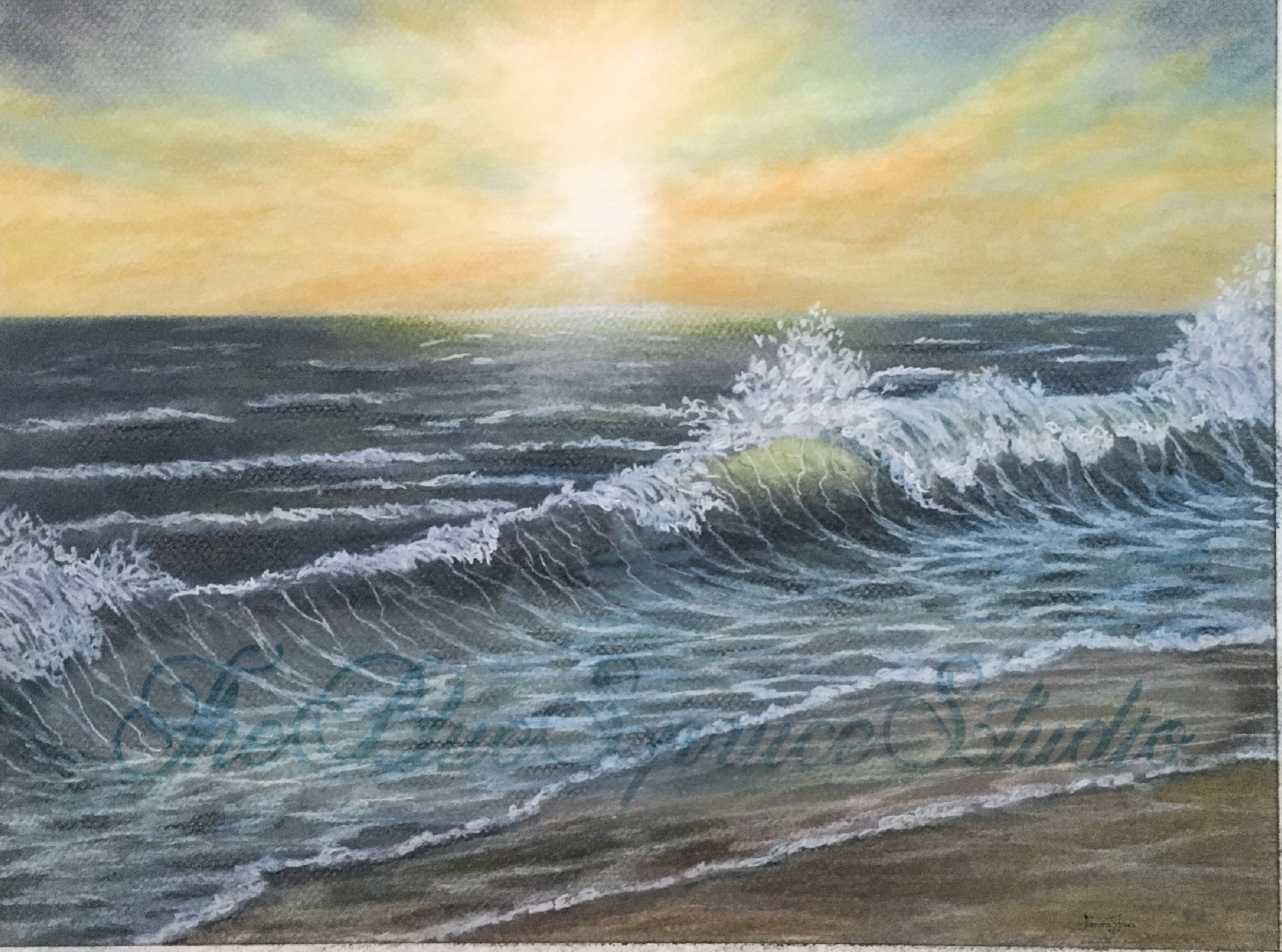 Painting of the ocean waves at sunset, with a colorful sky and visible surf.