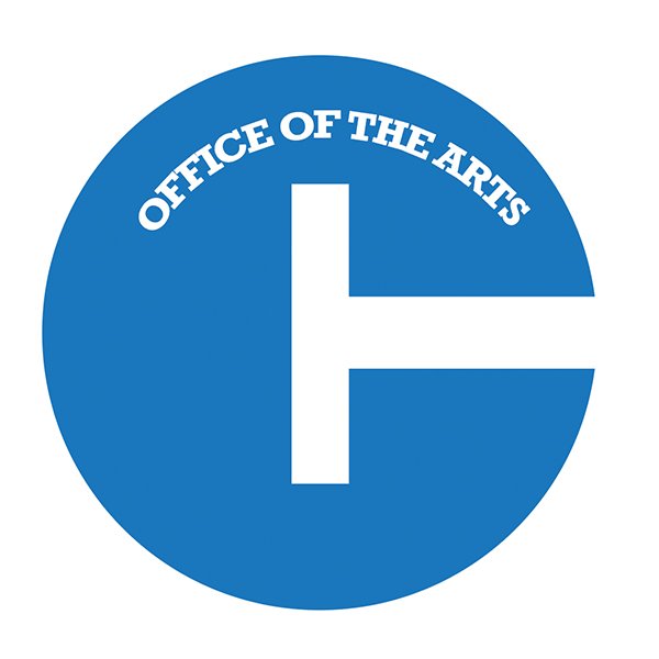 Blue circular logo with a white vertical line and horizontal line forming a cross, with 'Office of the Arts' written in an arc at the top.