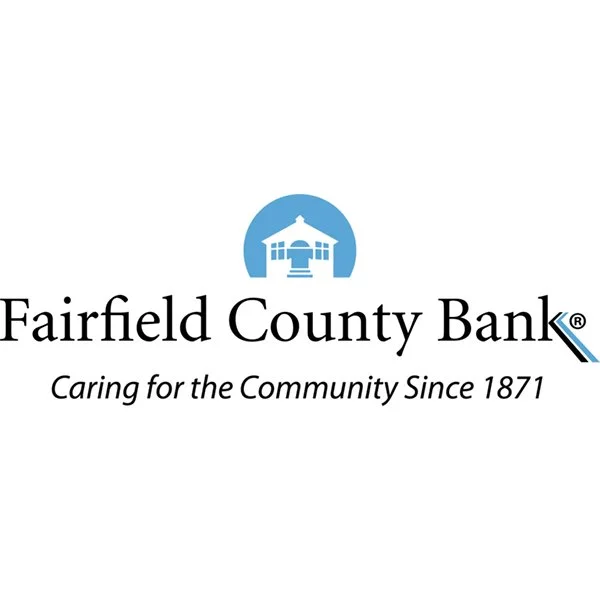 Fairfield County Bank logo with a blue circle containing a white building and stairs, and the text "Fairfield County Bank" and "Caring for the Community Since 1871".